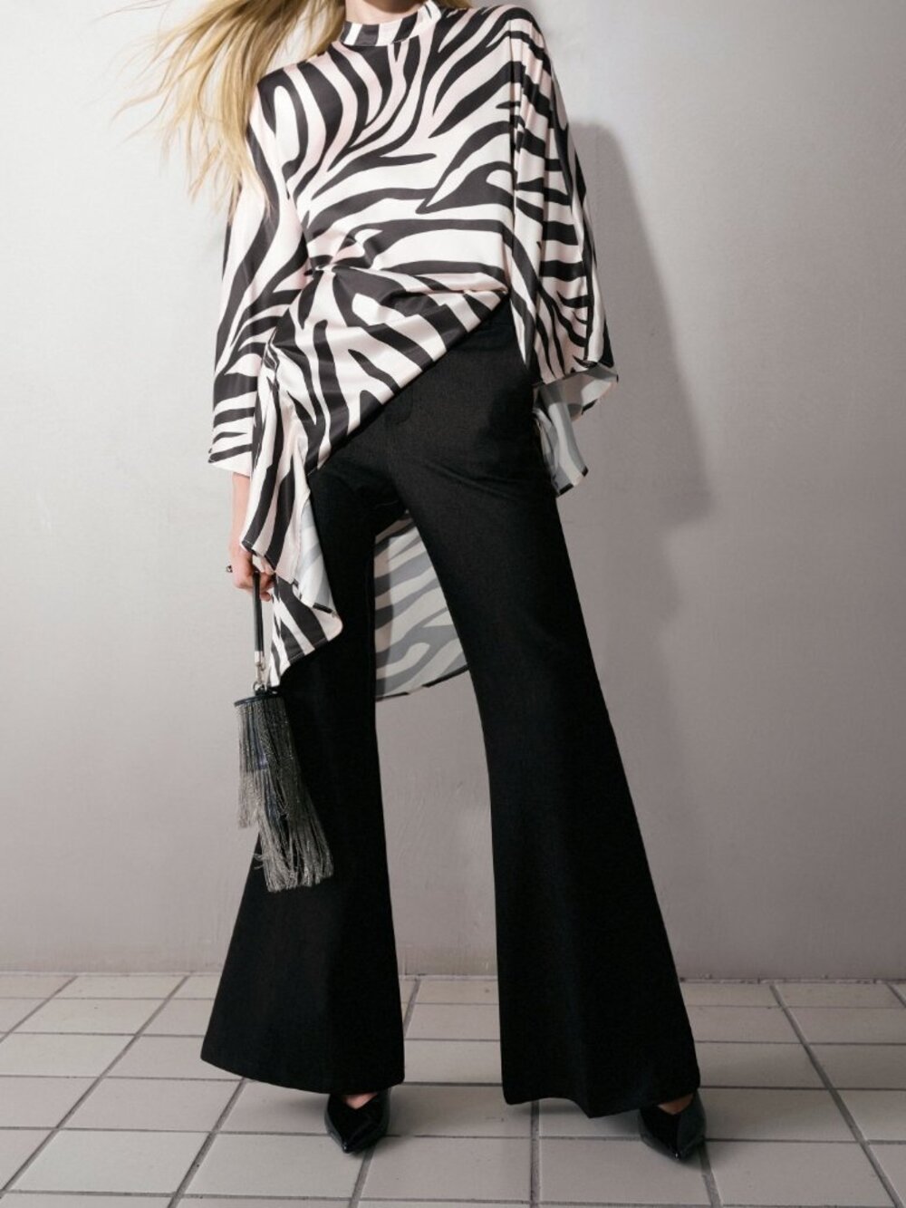 Black & White Casual Women's Zebra Print Mock Neck Bell Sleeve Top